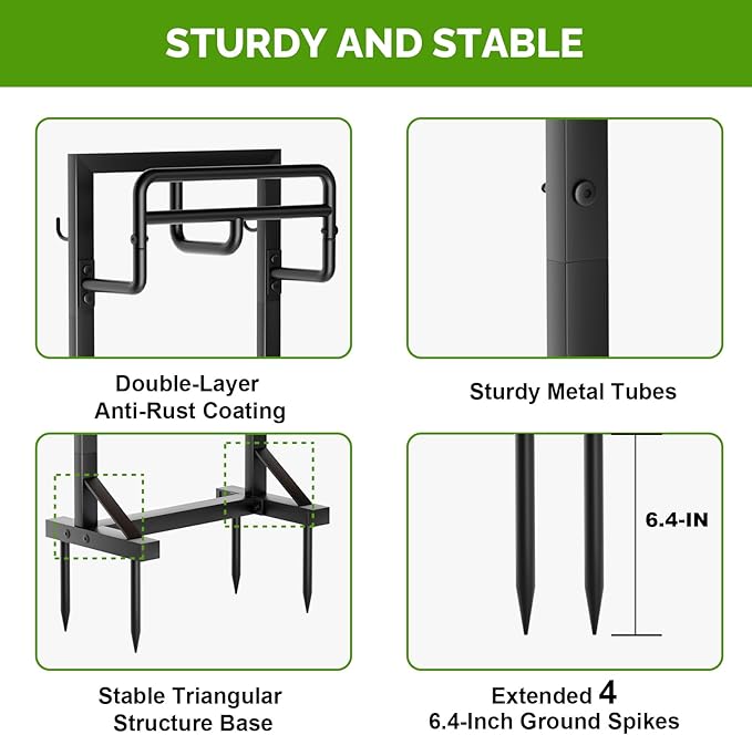 Garden Hose Holder with Stable Base and Tool Hooks, GAVISCITY Heavy-Duty Metal Hose Hanger Garden Hose Storage Holds 151Ft Hose, Rustproof Freestanding Water Hose Holder for Outside, Yard, Lawn, Black