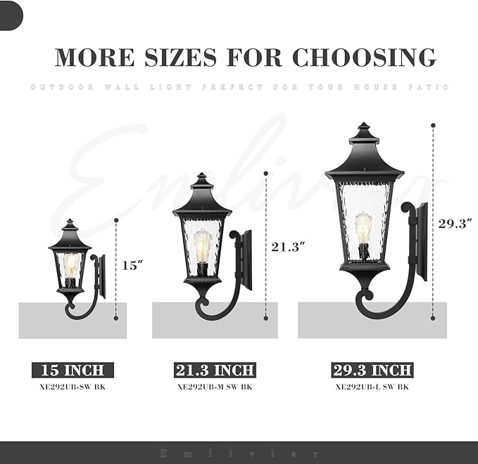 Emliviar 21.1 Inch Farmhouse Outdoor Wall Sconce,1 Light Exterior Wall Lighting in Black Finish Frame, Water Ripple Glass Shade, XE292UB-M SW BK