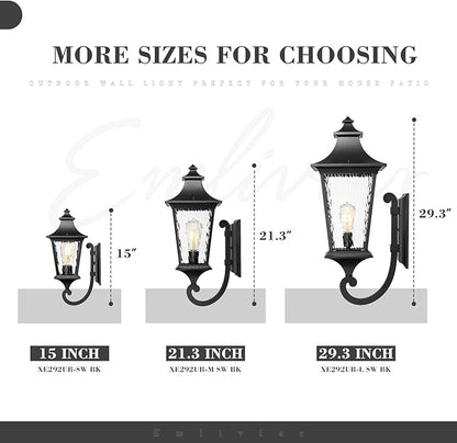 Emliviar 29.3" Large Exterior Wall Light, Outdoor Wall Sconce Suitable for House Porch, Water Ripple Glass in Black Finish, XE292UB-L SW BK