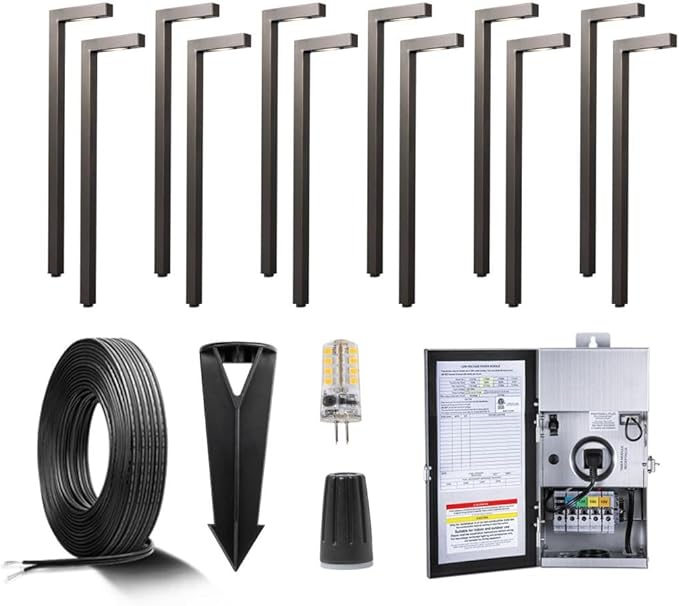Gardenreet Solid Brass 12V LED Landscape Lighting Kit (12 Pack Path Lights) with 300W Low Voltage Transformer and Mechanical Timer and 250FT Wire and 50Pack Connectors for Outdoor Pathway Garden
