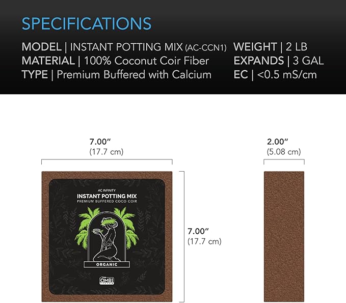 AC Infinity Instant Potting Mix, 2 lb. Premium Buffered Coco Coir Brick, Coconut Compost as Potting Soil Omri Listed, Low EC and pH Balance for Hydroponics Plant Growing and Propagation