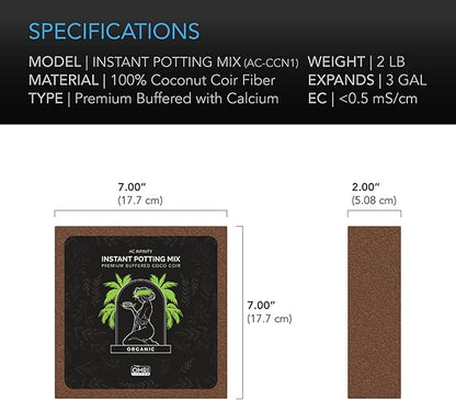 AC Infinity Instant Potting Mix, 2 lb. Premium Buffered Coco Coir Brick, Coconut Compost as Potting Soil Omri Listed, Low EC and pH Balance for Hydroponics Plant Growing and Propagation
