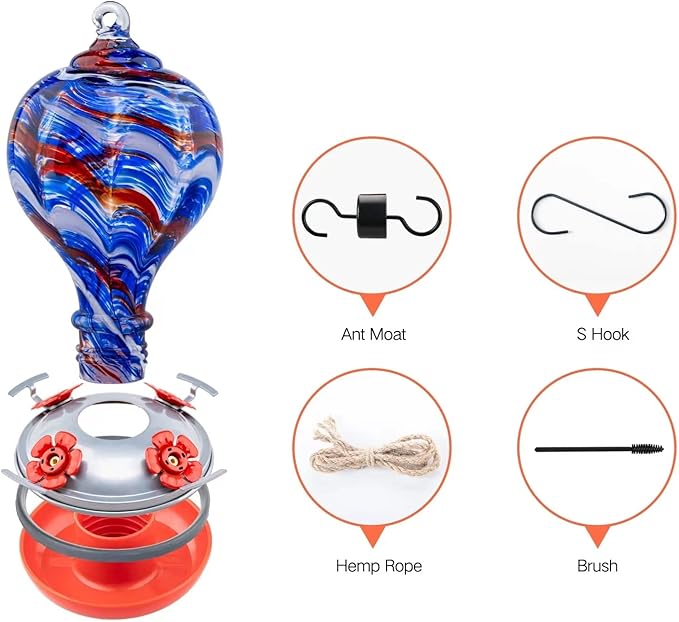 Muse Garden 32OZ Hummingbird Feeders Blown Glass Hummingbird Feeder, Garden Backyard Decor for Outside, Navy Blue