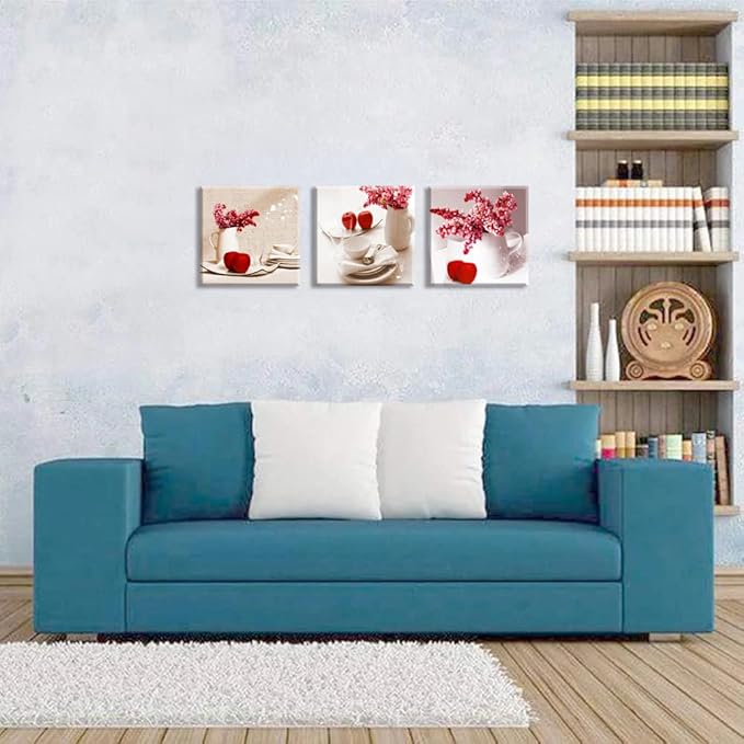 TEKMENT Red Apple Wall Art for Kitchen, SZ Flower Bowl and Dish Canvas Prints Decor for Dining Room (Waterproof Artwork, Bracket Mounted Ready to Hang)