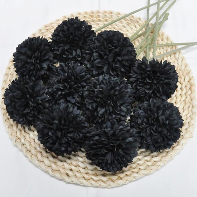 Artificial Flowers Chrysanthemum Ball Flowers Bouquet 10pcs Halloween Fall Harvest Festival Decoration Glorious Moral for Home Office Coffee House Parties and Wedding (Black)