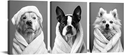 AoArtWZ Black and White Dogs Canvas Wall Art Funny Animal Chihuahua Labrador in Bathrobe Painting Picture Artwork Prints for Home Bathroom Decor Framed 12"x16"x3 Pcs