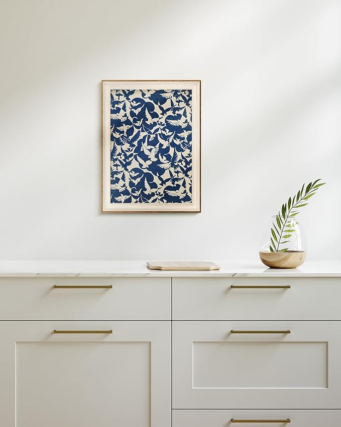InSimSea Framed Canvas Wall Art Vintage Decor Minimalist Flying Birds Wall Decorations for Living Room Blue and White Art Print Abstract Bird Pictures Room Aesthetic Shelf Decor Bedroom Office 12x16In