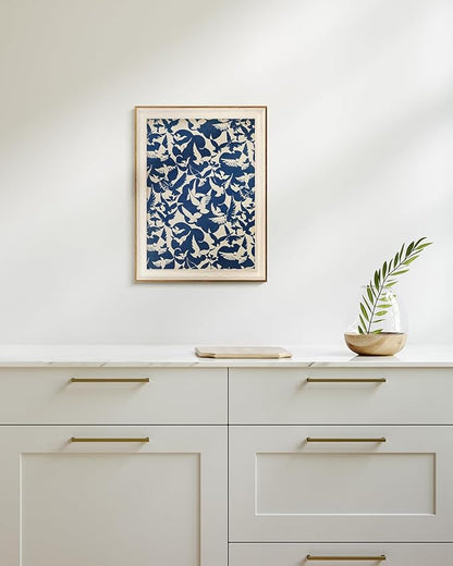 InSimSea Framed Canvas Wall Art Vintage Decor Minimalist Flying Birds Wall Decorations for Living Room Blue and White Art Print Abstract Bird Pictures Room Aesthetic Shelf Decor Bedroom Office 12x16In