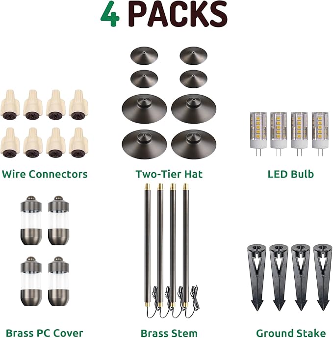 DOSHINE® Solid Brass Low Voltage Landscape Lighting Pathway Lights (8.25" Shade, 22" Tall) with Replaceable 3W G4 LED Bulb 3000K AC/DC 12V and Ground Stake for Outdoor Walkway Driveway (DOU, 4-Pack)