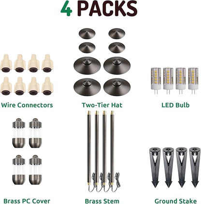 DOSHINE® Solid Brass Low Voltage Landscape Lighting Pathway Lights (8.25" Shade, 22" Tall) with Replaceable 3W G4 LED Bulb 3000K AC/DC 12V and Ground Stake for Outdoor Walkway Driveway (DOU, 4-Pack)