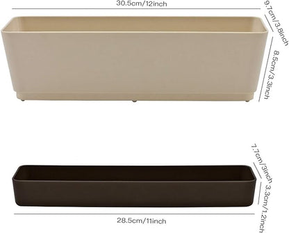 Lainrrew 3 Pack Window Box Planters, 12 Inches Rectangular Planter Plastic Flower Box Plant Pots Plant Containers with Tray for Balcony, Windowsill, Garden, Home Office Outdoor Decoration (Coffee)