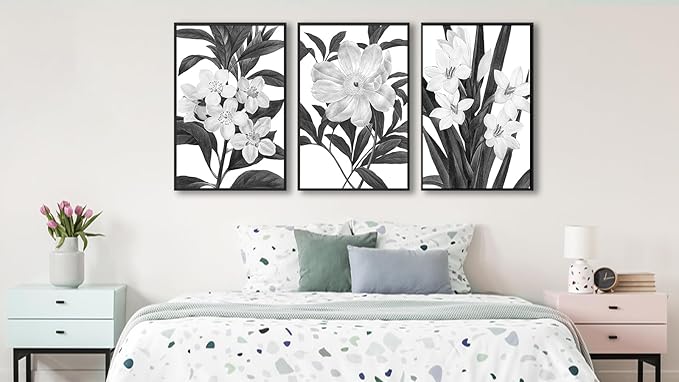 Large Framed Flower Wall Art - Blooming Floral Wall Decor 24"x36" Set of 3 Black and White Painting Prints Vintage Botanical Canvas Pictures for Living Room Bedroom Office Artwork
