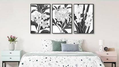 Large Framed Flower Wall Art - Blooming Floral Wall Decor 24"x36" Set of 3 Black and White Painting Prints Vintage Botanical Canvas Pictures for Living Room Bedroom Office Artwork