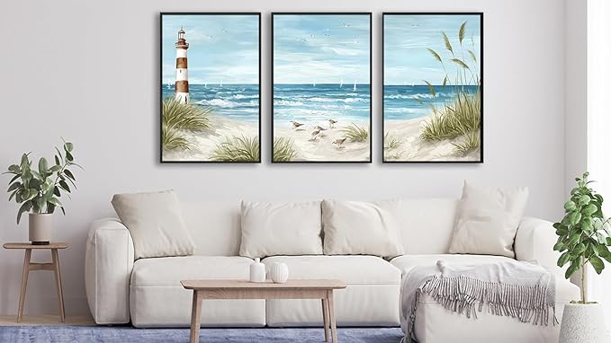 Large Framed Coastal Wall Art - Summer Beach Lanscape Wall Decor Painting 16"x24" Set of 3 Seabird Lighthouse Prints Ocean Waves Canvas Pictures for Living Room Bedroom Office Artwork