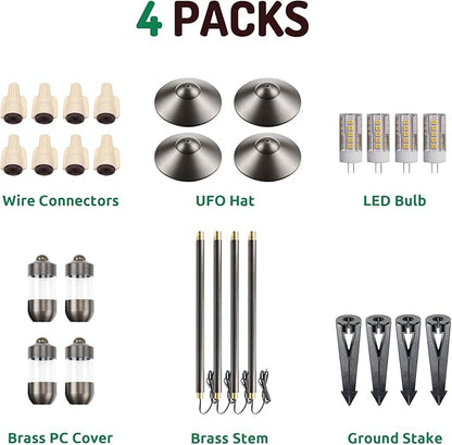 DOSHINE® Solid Brass Low Voltage Landscape Lighting Pathway Lights (9" Shade, 22" Tall) with Replaceable 3W G4 LED Bulb 3000K AC/DC 12V and Ground Stake for Outdoor Walkway Driveway (UFO, 4-Pack)