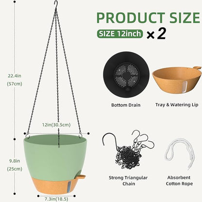 ZMTECH 12 Inch Hanging Planters for Indoor Outdoor Plants, 2 Pack Self Watering Hanging Plant Pots with Drainage Hole, Visual Reservoir, Plastic Flower Hanging Pots with Watering Lip (Green)