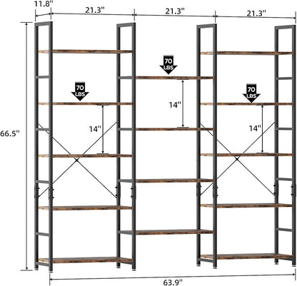 OTK Triple Wide 5 Tier Bookshelf, Rustic Industrial Style Bookcases with 14 Open Display Shelves, Wide Bookshelves for Bedroom, Living Room and Home Office, Rustic Brown