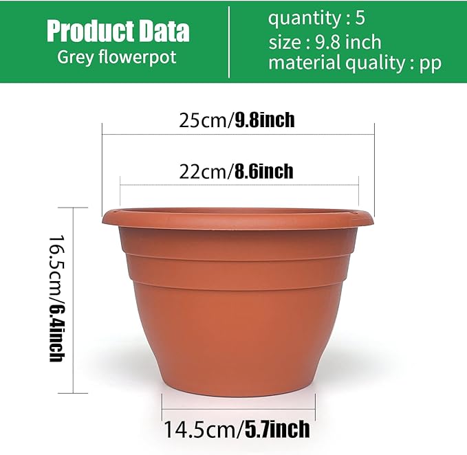 Plastic Terracotta Plant Pots Set of 5,10 Inch Flower Pots,Durable Lightweight Garden Planters with Drainage Hole for Indoor Outdoor Plants,Decor(Pottery Red)