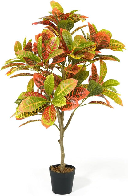Fencer Wire 42 Inch Artificial Topiary Croton Tree, UV Resistant Artificial Outdoor Plants, Faux Bushes and Shrub, Fake Trees in Pot with Dried Moss, Artificial Plants for Front Porch, Indoor, Outdoor