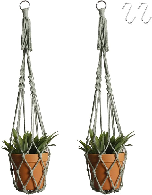 Artilady Macrame Hanging Planter for Indoor Plants, Boho Woven Plant Hanger Large Hanging Flower Pot Holders Outdoor Baskets Storage No Tassels Sage Green Wall Decor