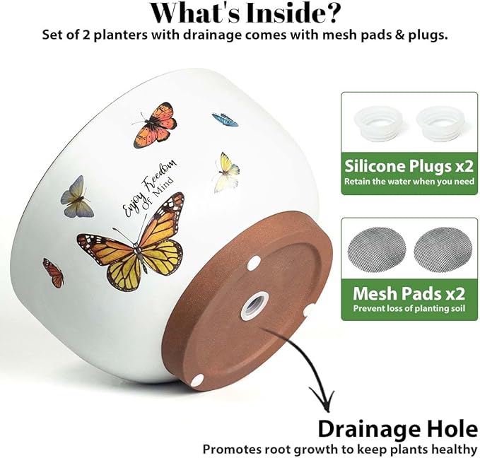 YBX 8 Inch + 6 Inch Terracotta Plant Pots, Flower Pots for Indoor Plants with Drainage, Planters with Butterfly Accent for Indoor Plants (Tropical)