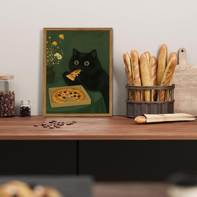 Funny Black Cat Wall Art Whimsical Black Cat Eating Pizza Wall Decor Cute Animal Dark Green Kitchen Poster Canvas Prints for Bedroom Living Dining Room 16x24 inch Wood Framed