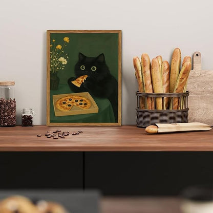 Funny Black Cat Wall Art Whimsical Black Cat Eating Pizza Wall Decor Cute Animal Dark Green Kitchen Poster Canvas Prints for Bedroom Living Dining Room 12x16 inch Wood Framed