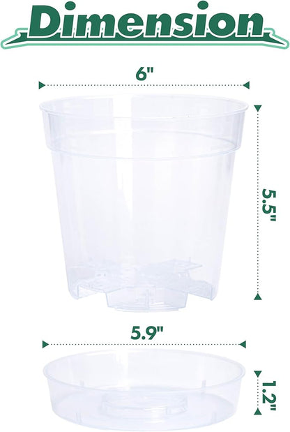 6 Inch Clear Plastic Plant Pot with Drainage Holes, Interlocking & Detachable Tray - Deep Saucer - Durable BPA-Free Plastic, Transparent Design, Raised Base for Airflow, Set of 6, 92-X-A-5