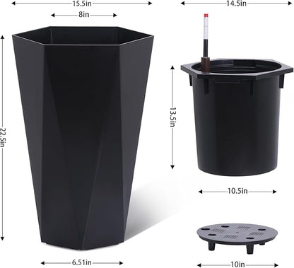 22.4 Inch Tall Planters for Outdoor Indoor Plants Set of 2, Tapered Large Flower Pots with 2 Trays and a Water Level Monitor with Wheels Planter Pots, Plant Pot for Patio, Balcony, Lounge