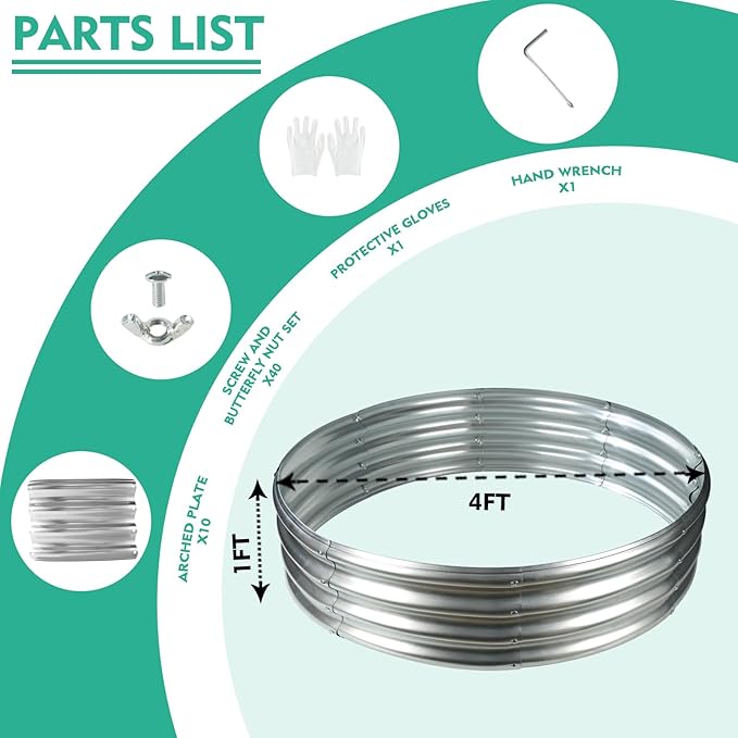 4FT Diameter Galvanized Garden Raised Bed/Plant Box/Fire Pit Ring-0.8mm Thick,12 Inch Tall,Crimped Edge and Corner,No Sharpe,Perfect for Plantings (Silver, 48 Dia X 11.5 inches)