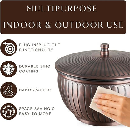 Monarch Abode Garden Hose Holder with Lid – Decorative Water Hose Holders for Outside, Arch Embossed Metal Antique Copper Pot with Drainage, 100ft Waterhose Holder for Outside, Garden Storage Caddy