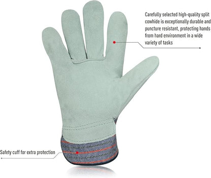 Vgo... 1-Pair Leather Work Gloves for Men, Gardening, Rigger, Builder (Size L, Plaid, CB3501)