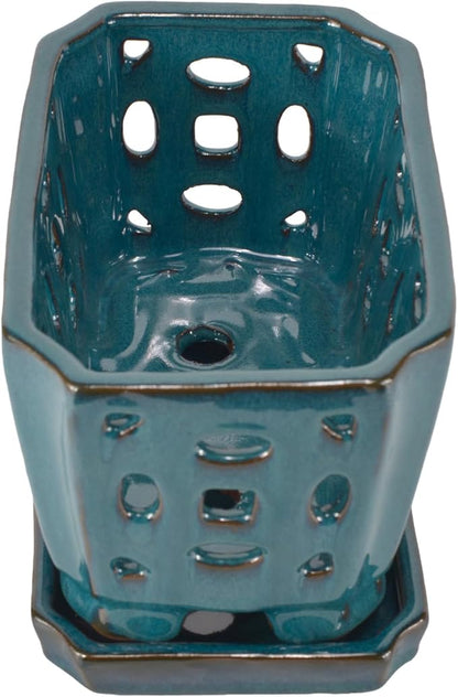 W&W Orchid Pot with Holes and Saucer for Repotting, Teal, 9.7 Inches