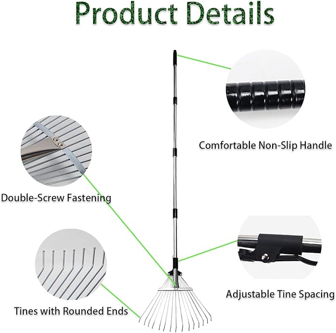 Adjustable Garden Rake, Heavy Duty 34 to 67 Inch Expandable Leaf Rake with 7-14 inch Wide Head, Shrubs, Yard, Garden Beds, Professional Landscaping Tools