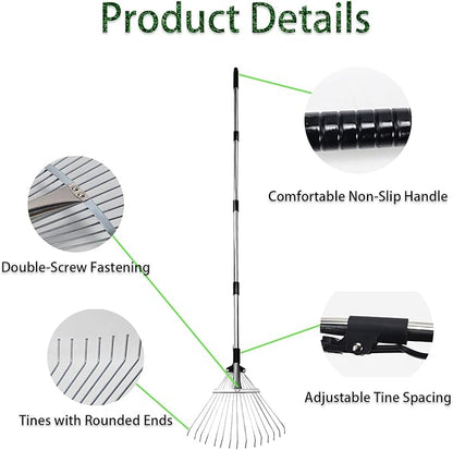 Adjustable Garden Rake, Heavy Duty 34 to 67 Inch Expandable Leaf Rake with 7-14 inch Wide Head, Shrubs, Yard, Garden Beds, Professional Landscaping Tools