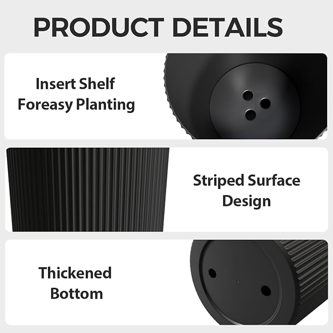 Tall Outdoor Planter Set of 2-23.6" Large Striped Plastic Flower Pots, Decorative Indoor/Outdoor Planters for Porch, Patio, Balcony & Garden, Black