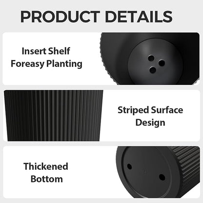 Tall Outdoor Planter Set of 2-23.6" Large Striped Plastic Flower Pots, Decorative Indoor/Outdoor Planters for Porch, Patio, Balcony & Garden, Black