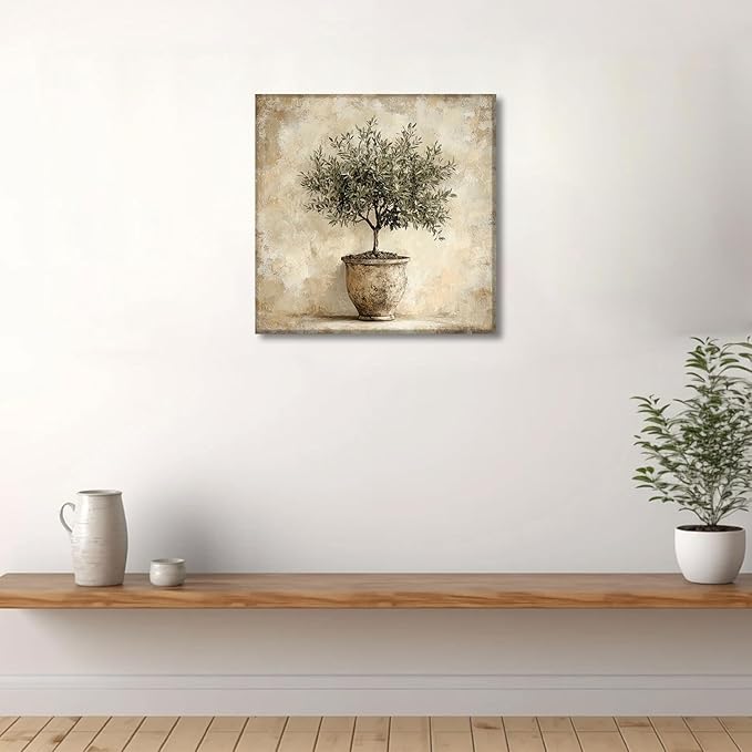 Olive Tree in Vessel Rustic Canvas Wall Art Neutral Botanical Wall Decor Pictures Antique Vintage Potted Plant Poster Prints for Farmhouse Kitchen Dining Room Home Decoration 16x16in Ready to Hang