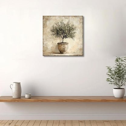 Olive Tree in Vessel Rustic Canvas Wall Art Neutral Botanical Wall Decor Pictures Antique Vintage Potted Plant Poster Prints for Farmhouse Kitchen Dining Room Home Decoration 16x16in Ready to Hang