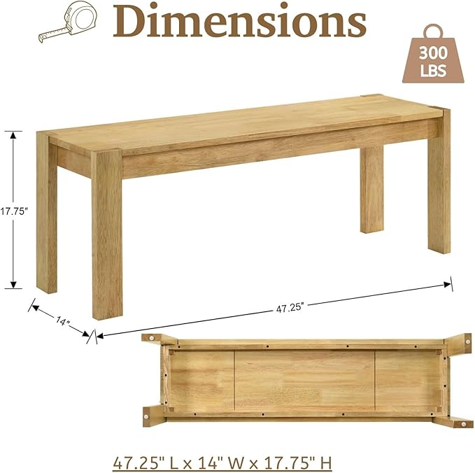 LukeAlon Solid Wood Dining Bench, 47.25" Farmhouse Natural Entryway Bench, Rustic Long Bench for Hallway Kitchen Dining Room Bedroom Living Room