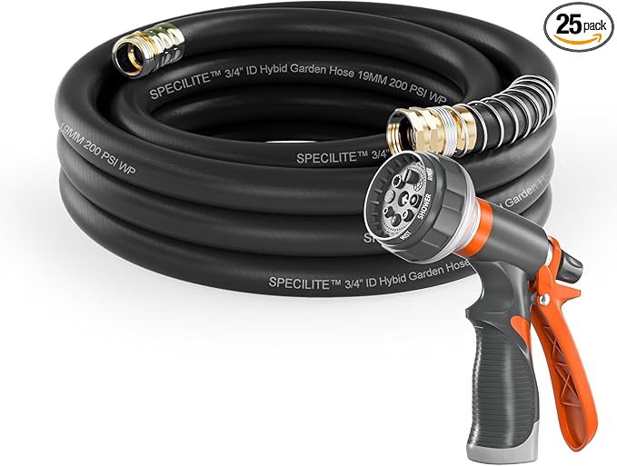 SPECILITE Garden Water Hose 25 ft x 3/4 in Heavy Duty, Flexible and Lightweight, Burst 600 psi, Kink-less Hybrid Rubber Pipe for Backyard, 3/4'' Brass Fittings, Black