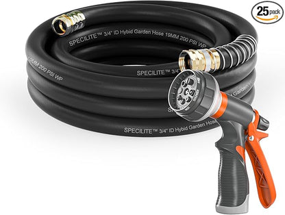 SPECILITE Garden Water Hose 25 ft x 3/4 in Heavy Duty, Flexible and Lightweight, Burst 600 psi, Kink-less Hybrid Rubber Pipe for Backyard, 3/4'' Brass Fittings, Black