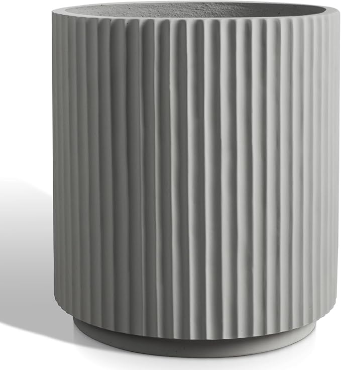 Round Concrete Planter Outdoor Indoor, Large Cement Plant Pots for Flowers (Vertical Gray, 16 inch)