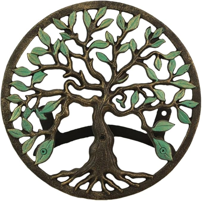 Zeckos Green/Bronze Finish Cast Iron Tree of Life Decorative Wall-Mounted Garden Hose Hanger - Stylish Outdoor Hose Holder Décor - 12-Inch Diameter - Weather-Resistant