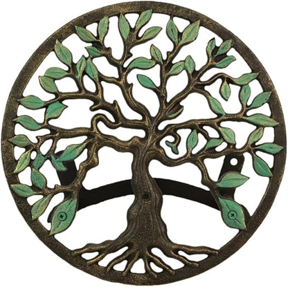 Zeckos Green/Bronze Finish Cast Iron Tree of Life Decorative Wall-Mounted Garden Hose Hanger - Stylish Outdoor Hose Holder Décor - 12-Inch Diameter - Weather-Resistant