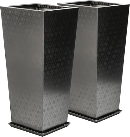 Luxury Stainless Steel Black Taper Tall Planter Box Set of 2 with Mirror Etching No Coating 24”H Top 11” Bottom 8”,Decrative Pot Indoor, Modern Décor for Home,Office,Tall Plants,Trees,Flowers