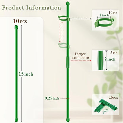 Plant Support Stakes for Indoor SupKing Orchid Sticks with Clips Garden Stake Extended to 2/3/4ft for Outdoor Potted Tomato Rose Vegetables House Palnts Comes with 20 Plants Ties(15 inch 10Pcs)
