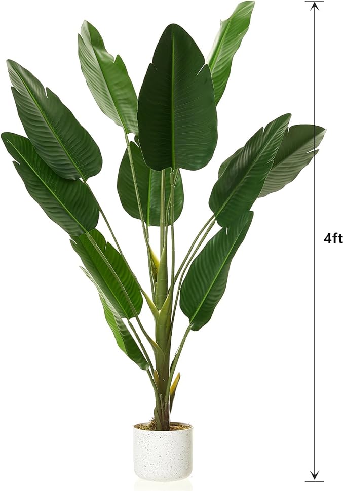 Tall Artificial Bird of Paradise Banana Leaf Plant with White Pot, Realistic Faux Palm Tree with 12 Leaves, Decorative Indoor Greenery for Living Room, Bedroom, or Office, 120cm
