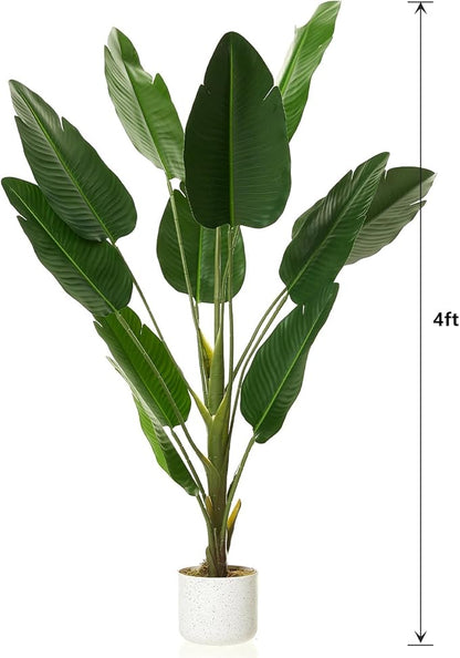 Tall Artificial Bird of Paradise Banana Leaf Plant with White Pot, Realistic Faux Palm Tree with 12 Leaves, Decorative Indoor Greenery for Living Room, Bedroom, or Office, 120cm