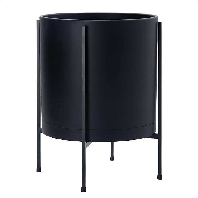 D'vine Dev 14 Inch Black Planter Pot with Stand – Modern Plastic Cylinder Flower Pot with Heavy-Duty Metal Stand for Indoor Plants, 55-D-B-4
